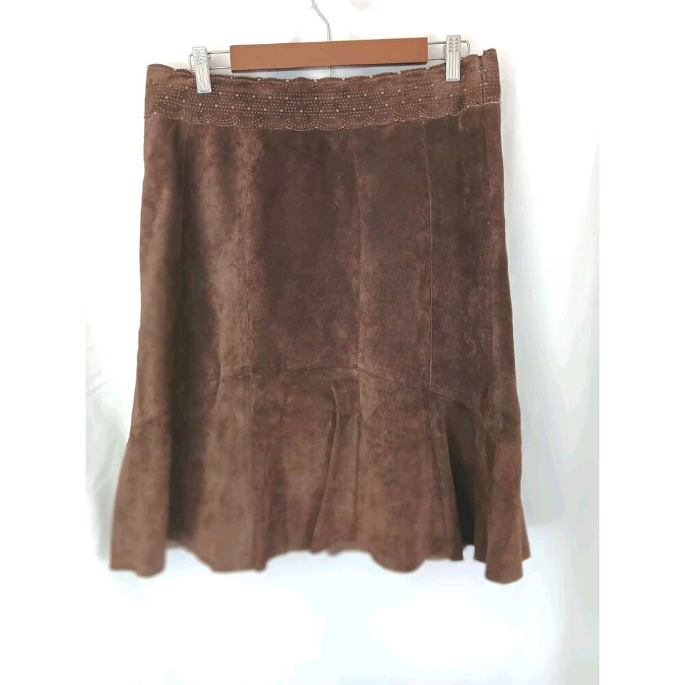 Vintage CAbi Brown Suede Leather Skirt Size 8 Scalloped Cutout Flare Midi Y2K